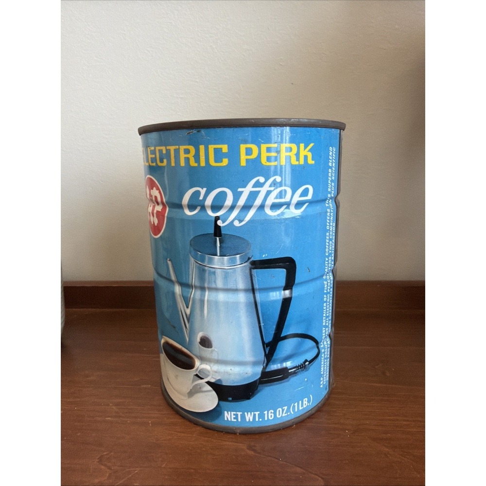 Vintage A P Metal Coffee Can Tin Electric Perk 1 lb Teal Blue - Picture 4 of 7